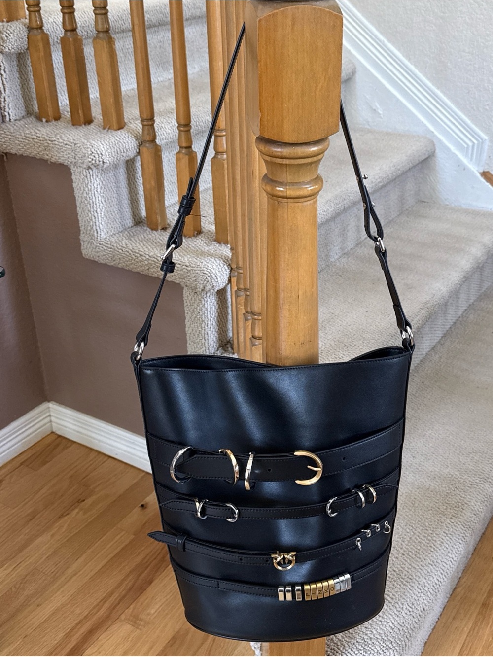 Pinko Black Bucket Shoulder Bag with Gold and Silver Hardware